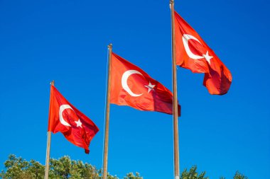 Türkiye Cumhuriyeti bayrağı. Rüzgârla dalgalanan üç hindi bayrağı. Arka planda açık mavi gökyüzü. 19 Mayıs (19 Mays), 30 Ağustos, 29 Ekim (29 Ekim), 23 Nisan (23 Nisan).