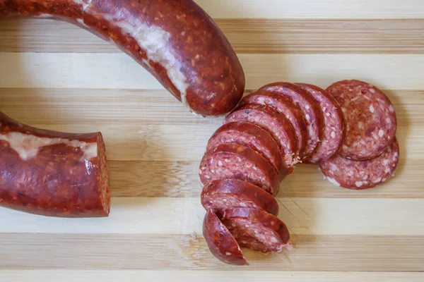 Sliced Turkish Sausage Turkish Sucuk Chopping Board Dried Spicy Sausage — Stock Photo, Image