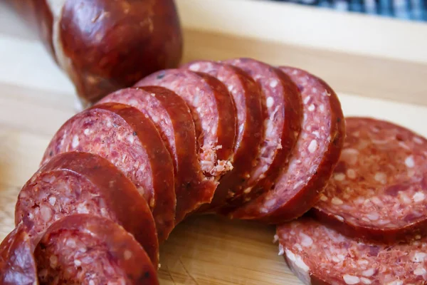 Sliced Turkish Sausage Turkish Sucuk Chopping Board Dried Spicy Sausage — Stock Photo, Image