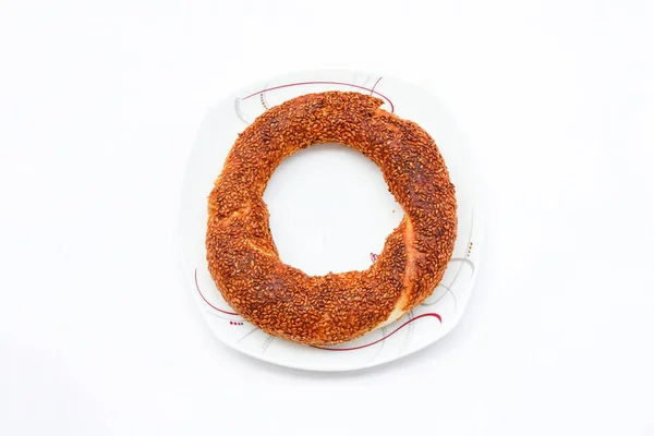 Turkish Bagel Simit Plate Isolated White Background Top View — Stock Photo, Image