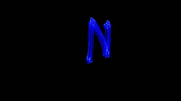 文字Nライト塗装アルファベット 長時間露光写真 黒を背景に青いライトの文字Nを描く — ストック写真