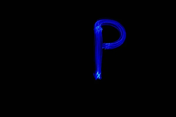 Γράμμα Ελαφρύ Αλφάβητο Φωτογραφία Μεγάλη Έκθεση Σχεδιασμένο Γράμμα Μπλε Φώτα — Φωτογραφία Αρχείου