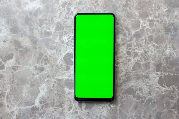 Draufsicht Des Leeren Grünen Bildschirmtelefons Auf Dem Marmorhintergrund Handy Attrappe — Stockfoto