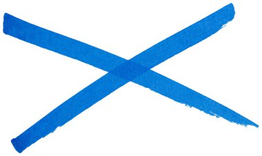 İşaretleyici fırça darbeleriyle el çizimi mavi çarpı işareti, yanlış seçim için soyut mürekkep X sembolü, hata, iptal, reddetme, karalama çizimi izole edilmiş basit işaret tasarımı ögesi