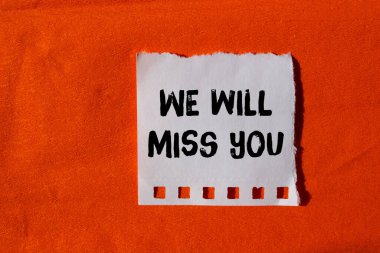 We will miss you message written on ripped torn paper background. Conceptual We will miss you symbol. Copy space.