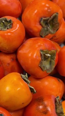 Olgun hurmalar bir araya toplanmış pürüzsüz parlak deriler sergiliyorlar.