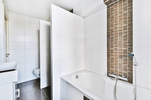 Interior of modern restroom with bathtub