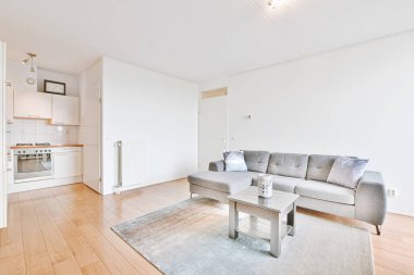 Açık mutfağı olan modern bir oturma odası.