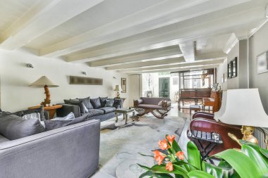 Lüks evde geniş bir oturma odası.