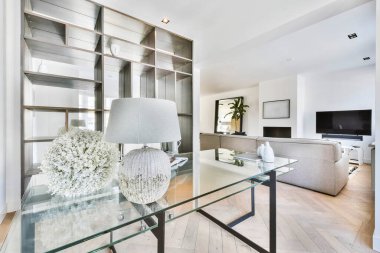 Glass workspace table against window