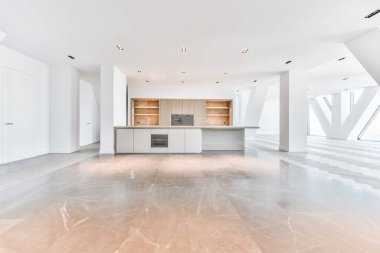 Mutfak tasarımının çok az olduğu geniş bir çatı katı.