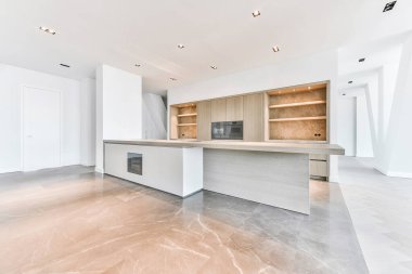 Mutfak tasarımının çok az olduğu geniş bir çatı katı.