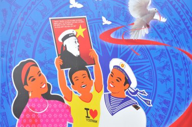 Nha Trang, Vietnam - 5 Şubat 2016: Vietnam meydanında Spratly Adaları koruma hakkında propaganda poster