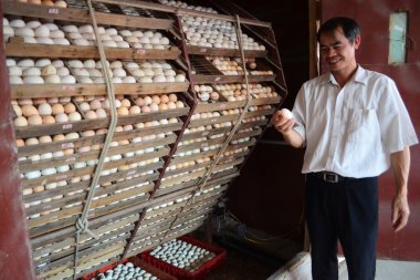 Uzun bir, Vietnam - 20 Nisan 2016: Bir çiftçi onun verimlilik yumurta çiftliği Vietnam ile mutlu olduğunu