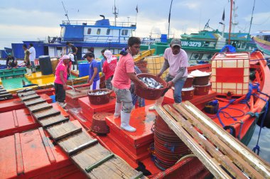 General Santos, Filipinler - 5 Eylül 2015: Balıkçılar ton balığı balıkçı tekneleri pazara iniş vardır