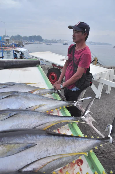 General Santos, Philippines - September 5, 2015: A fisherman is  marking his tuna at the seaport — Stock Photo, Image