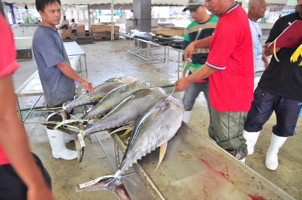 General Santos, Philippines - September 5, 2015: Buyers are checking the quality of tuna at the seaport — Stock Photo, Image