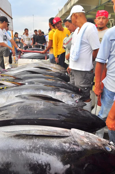 General Santos, Filippinerna - September 5, 2015: Fiskare säljer sin tonfisk på skaldjur marknaden — Stockfoto