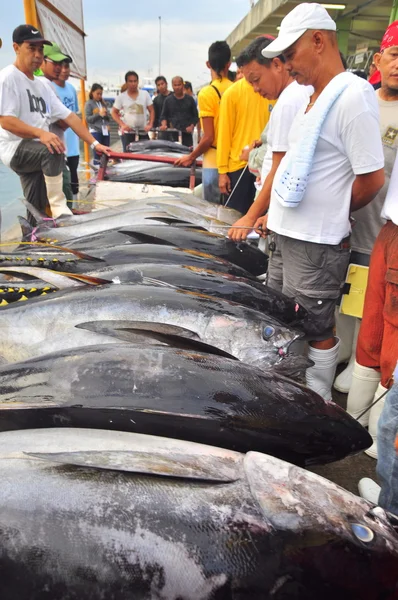 General Santos, Filipinas - 5 de septiembre de 2015: Los pescadores están vendiendo atún en el mercado de mariscos — Foto de Stock