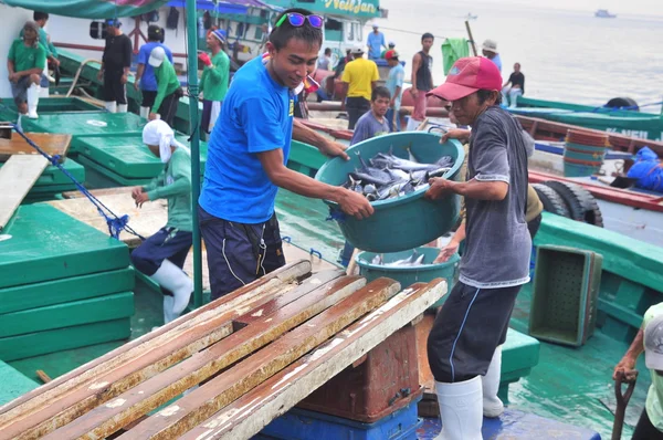 General Santos, Filipinler - 5 Eylül 2015: İşçi yükleme a rıhtım, balıklar — Stok fotoğraf