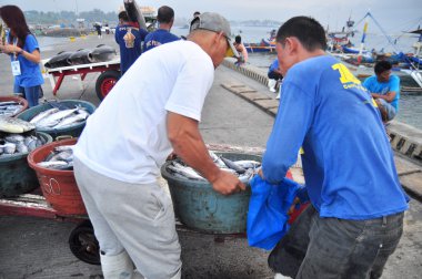 General Santos, Filipinler - 5 Eylül 2015: Yataklı vagon görevlilerine ton balığı seaport adlı balıkçı teknesindeki iniş vardır