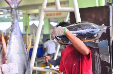 General Santos, Filipinler - 5 Eylül 2015: Balıkçı orkinos pazara satmak için Tartım