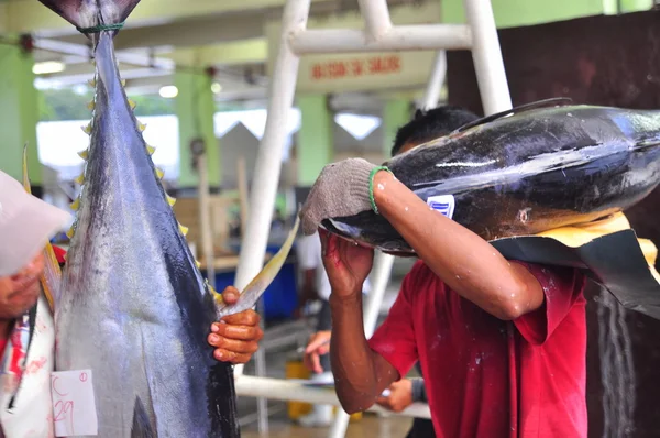 General Santos, Filippine - 5 settembre 2015: Pescatore sta pesando tonno da vendere al mercato — Foto Stock