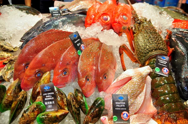 Hong Kong, China - 8 de setembro de 2015: Muitos frutos do mar deliciosos são exibidos lindamente em uma feira de frutos do mar em Hong Kong — Fotografia de Stock