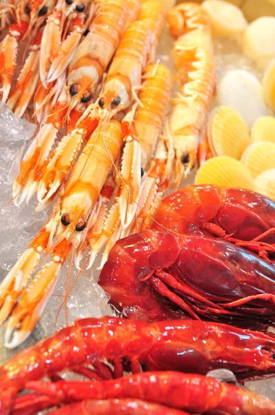 Hong Kong, China - 8 de setembro de 2015: Muitos frutos do mar deliciosos são exibidos lindamente em uma feira de frutos do mar em Hong Kong — Fotografia de Stock