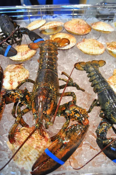 Hong Kong, Cina - 8 settembre 2015: Un sacco di deliziosi frutti di mare sono esposti splendidamente a una fiera di pesce a Hong Kong — Foto Stock