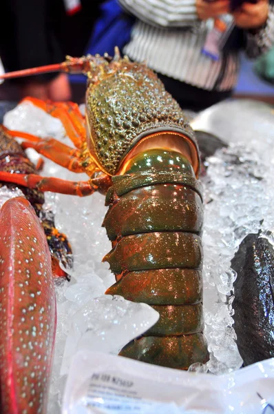 Hong Kong, China - 8 de septiembre de 2015: Un montón de deliciosos mariscos se exhiben maravillosamente en una feria de mariscos en Hong Kong — Foto de Stock