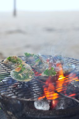 Kabuklu deniz ürünleri ve deniz ürünleri sıcak ateşe ızgara