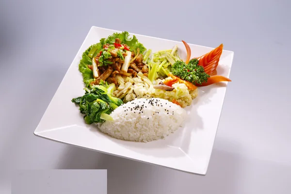 Scallions Свиной рис с овощами на белой тарелке в белом фоне — стоковое фото