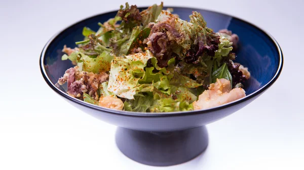 Salada de carne mista com alface, porco e polvo em chinês azul — Fotografia de Stock