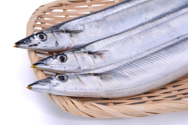 Taze çiğ sardalya capelin balık beyaz adam içinde bambu tepsi üzerinde