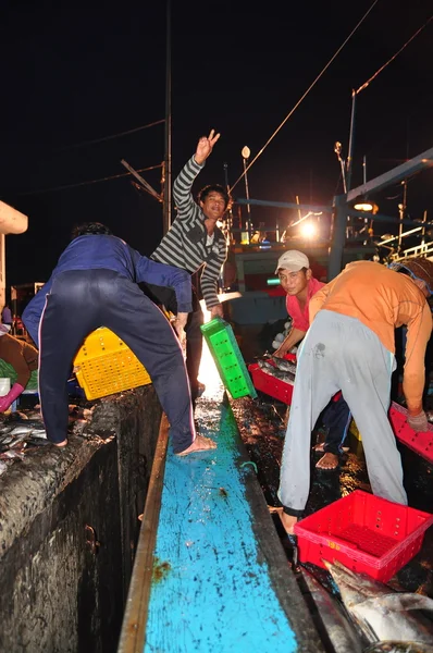 Peixes estão sendo coletados e classificados em cestas antes de carregar no caminhão no porto de Hon Ro, cidade de Nha Trang — Fotografia de Stock