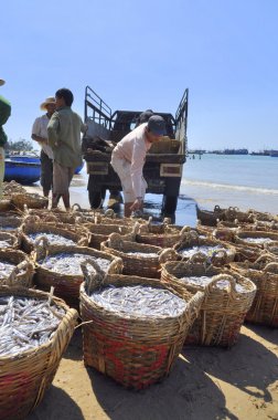 Lagi, Vietnam - 26 Şubat 2012: Su ürünleri işleme tesisi için kamyona yüklemek için bekleyen birçok sepetleri plajında yer almaktadır