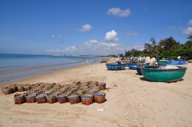 Lagi, Vietnam - 26 Şubat 2012: Su ürünleri işleme tesisi için kamyona yüklemek için bekleyen birçok sepetleri plajında yer almaktadır