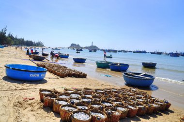 Lagi, Vietnam - 26 Şubat 2012: Su ürünleri işleme tesisi için kamyona yüklemek için bekleyen birçok sepetleri plajında yer almaktadır