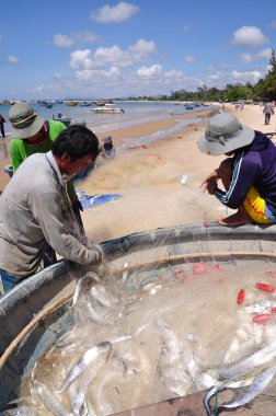 Lagi, Vietnam - 26 Şubat 2012: Yerel balıkçılar balıkları Lagi Beach balıkçılık ağları kaldırdığınızı