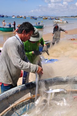 Lagi, Vietnam - 26 Şubat 2012: Yerel balıkçılar balıkları Lagi Beach balıkçılık ağları kaldırdığınızı