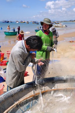 Lagi, Vietnam - 26 Şubat 2012: Yerel balıkçılar balıkları Lagi Beach balıkçılık ağları kaldırdığınızı