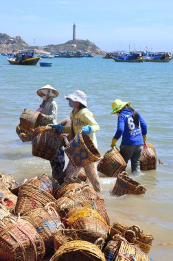 Lagi, Vietnam - 26 Şubat 2012: Yerel kadın kamyoneti tekne balıklara taşınmasında kullanılan kendi sepetleri temizlik yapıyorsun