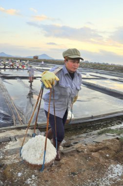 Ninh Hoa, Vietnam - 2 Mart 2012: Vietnam kadın sert tuz özü alanlardan depolama alanları için toplamak için akneden