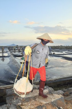 Ninh Hoa, Vietnam - 2 Mart 2012: Vietnam kadın sert tuz özü alanlardan depolama alanları için toplamak için akneden