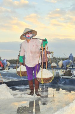 Ninh Hoa, Vietnam - 2 Mart 2012: Vietnam kadın sert tuz özü alanlardan depolama alanları için toplamak için akneden