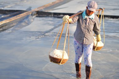 Ninh Hoa, Vietnam - 2 Mart 2012: Vietnam kadın sert tuz özü alanlardan depolama alanları için toplamak için akneden