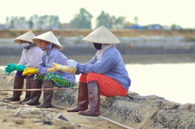 Ninh Hoa, Vietnam - 2 Mart 2012: Vietnam kadın tuz işçilerin tuz özü alanlardan depolama alanları için toplamak sıkı çalışmak sonra rahatlatıcı