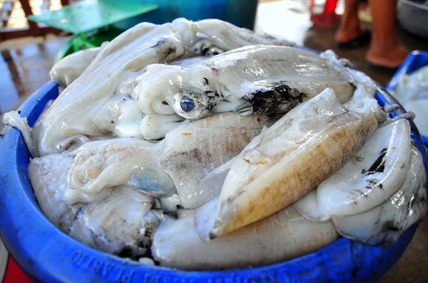 Con Dao, Vietnam - 2 de julio de 2012: Calamares capturados por pescadores locales están a la venta en la isla Con Dao de Vietnam —  Fotos de Stock