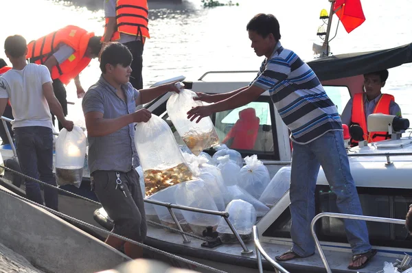 Ho Chi Minh city, Vietnam - 24 Nisan 2015: balıklar plastik torbalarda Saygon Nehri Vietnam Ulusal balıkçılık günde yayımlanması hazırlanıyor tutulur